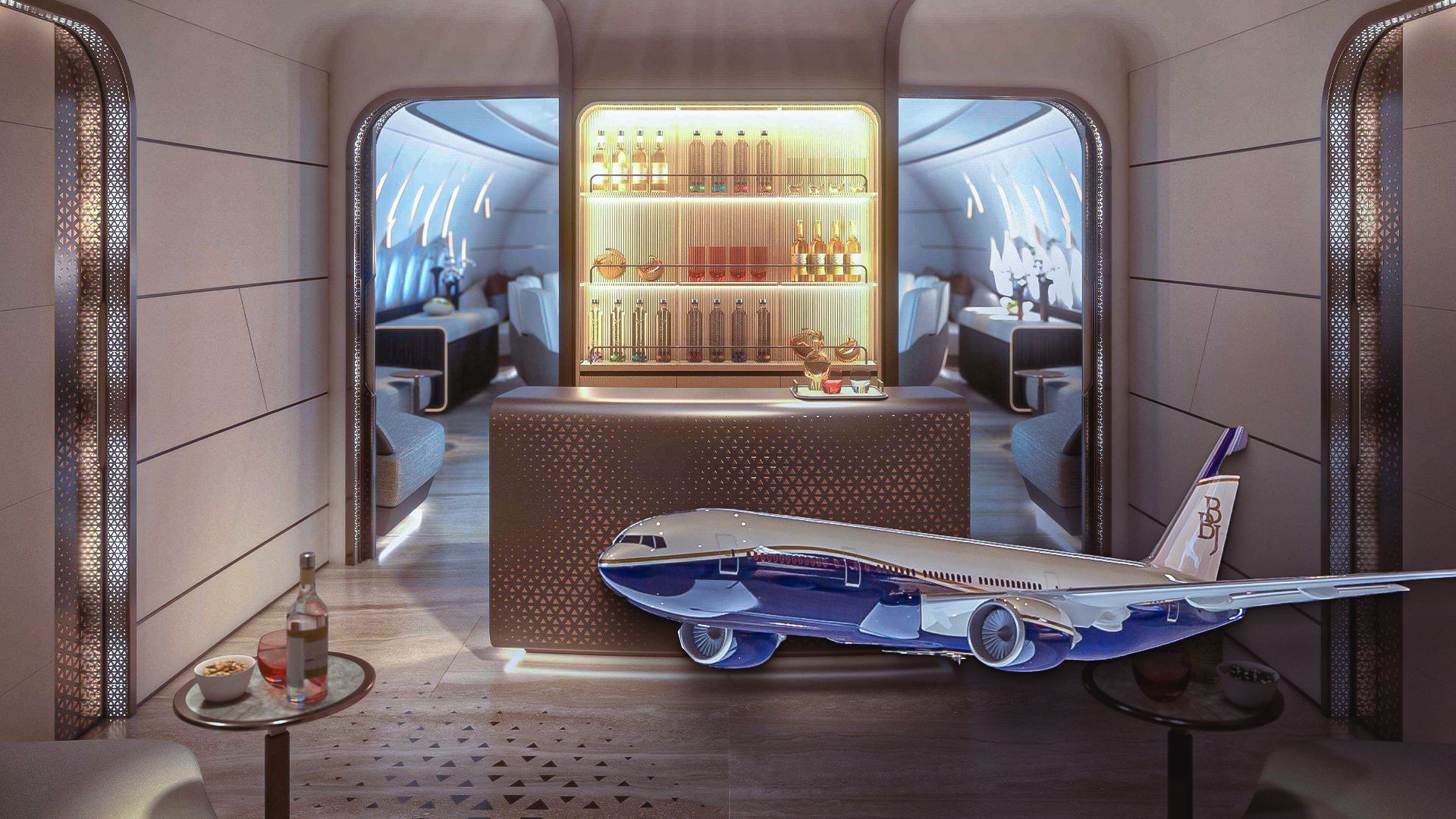 このボーイングビジネスジェットBBJ777の受賞歴のあるインテリアを見てください