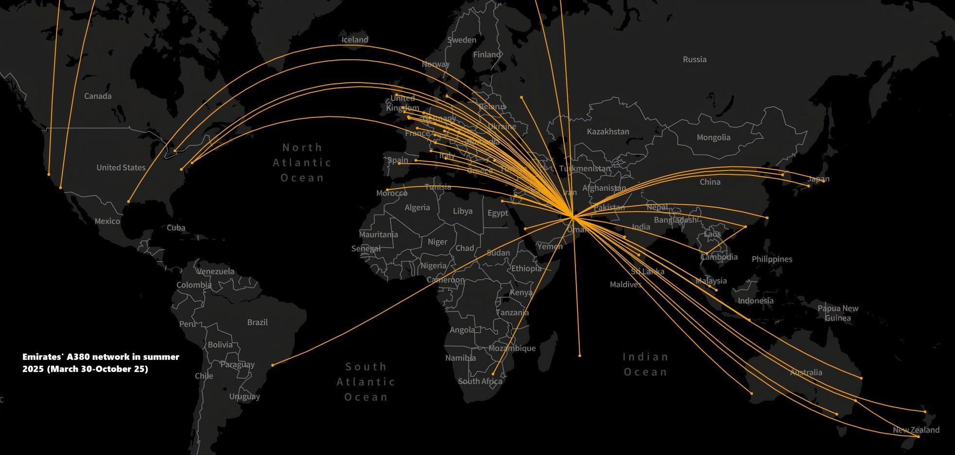 最大79の毎日のフライト：エミレーツのエアバスA380がこの夏に飛ぶ場所