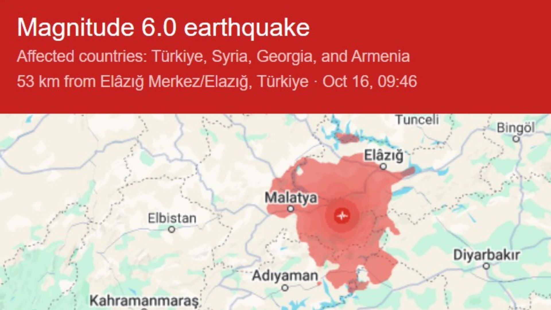 トルコのマグニチュード6.0地震：マラティアの震源地域