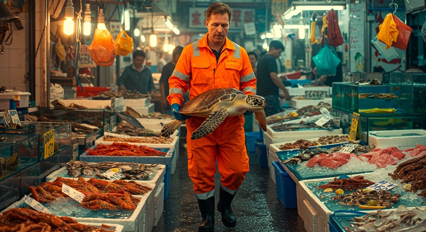 男が市場で絶滅の危機にedeしているウミガメを購入し、いくつかのヒーローがハイビスのジャケットを着ていることを証明する